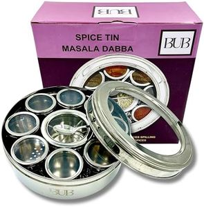 Bub: Large 22cm Premium Spice Tin Masala Dabba | 9 Spice Jars with Individual Lids | Holds 12 Spices | Polished Stainless Steel with Serving Spoon & Clear Acrylic Lids | Spice Box (SPICE TIN 9)