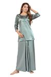 PLAY LOUNGEWEAR Women's Lungi Kurta Nighty Solid Satin Round Neck 3/4th Sleeve Kurta and Skirt Night Dress Two Piece Co-ord Set (Mint Green, M)