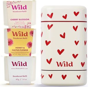 Wild Aluminium Free Refillable Natural Deodorant Starter Kit - Love Heart Case with Cherry Blossom, Honey & Cactus Flower, Coconut & Vanilla Refills - Long Lasting 24 Hour Odour Protection - Vegan