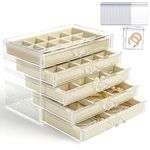 KAMIER Earring Holder Organizer Box with 5 Drawers, Clear Acrylic Jewellery Storage Box for Women, Includes 20 Portable Clear Bags for Earrings, Rings, Bracelets, Necklaces, Beige