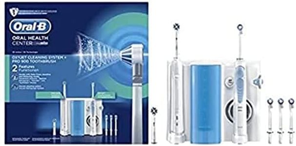 Oral-B Pro 900 + Oxyjet Kit Brosse À Dents Électrique Rechargeable Avec Jet Dentaire, Cadeau Fêtes des Pères, 1 Hydropulseur Oxyjet, 1 Brosse À Dents Électrique, 4 Canules Oxyjet, 2 Brossettes, Blanc
