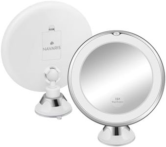 Navaris Miroir Grossissant Lumineux Mural - Miroir Grossissant x15 avec Ventouse et Lumière LED pour Salle de Bain - Miroir Eclairant de Voyage avec Glace Grossissante Maquillage