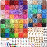 ALinmo 12000PCS Clay Beads Kit, 72 Colors Flat Round Polymer Clay Beads, Spacer Heishi Beads for Bracelet Necklace Jewelry Making with Pendant Charms Kit Letter Beads and Elastic Strings