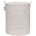 Sea Team 19.7 Inches Large Sized Waterproof Coating Ramie Cotton Fabric Folding Laundry Hamper Bucket Cylindric Burlap Canvas Storage Basket (19.7", Grey & White Stripe)