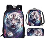 Showudesigns Cool Tiger Backpack for Teen Girls Galaxy School Bag with Lunch Box Pencil Case Set 3 in 1, Primary Elementary Book Bags Boys Kids Backpack for 4Th/5Th/6Th Grade Middle School Bookbag