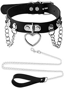 Tosmifairy Black Leather Choker Collar with Chain Leash Set Heart Pendant Necklace for Womens Pet Dogs Cats Unique Gifts, 16.3, Faux Leather, No Gemstone