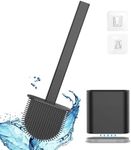 Umart Silicone Toilet Brush with Holders, Soft Flat Cleaning Brushes Set for Bathroom,Flexible Toilet Bowl Brush Head with Silicone Bristles, Wall Mounting Leak Proof Slots Base- Black