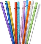 ALINK 12-Pack Glitter Reusable Thick Plastic Straws, 11" Long Hard Tumbler Drinking Straws with Cleaning Brush