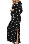 Smallshow Women's Ruched Maternity Dress Split Long Sleeve Pregnancy Clothes Large,Floral Black White