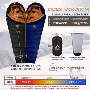 BUERTS XXL Ultralight Down Sleeping Bag – -7℃ Winter, Blue, Portable for Camping & Hiking