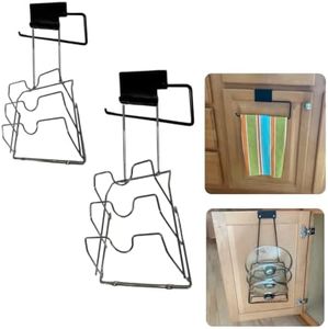 Evelots 2-in-1 Pot Lid Organizer with Towel Holder - 2 Pack, 3-Tier Cabinet Door Rack - Space-Saving Kitchen Organizer for Glass or Metal Pan Lids & Towels - Over the Door Design - Black