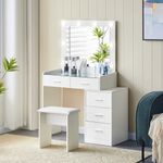 LEMROE White Glass Top Dressing Table Set with Adjustable LED Lights, Vanity Desk Makeup Desk with HD Mirror, 5 Drawers and Tempered Glass Table Top, 105*40*140cm, Modern Bedroom White Cosmetic Table