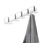 Coat Rack Wall Mounted with 5 Retractable Hooks, Heavy Duty Aluminum Coat Hook Towel Rack Coat Hanger for Coat Hat Towel Purse Robes Keys - White