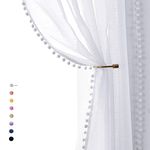 Pom Pom White Sheer Curtains for Living Room 63" Linen Texture Rod Pocket Window Sheers 52" w x 2 Panels, Rod Pocket Drapes