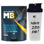 MuscleBlaze Raw Whey Protein Concentrate 80% with Added Digestive Enzymes (Unflavoured, 1 kg / 2.2 lb) with Shaker, 650 ml (Combo Pack)