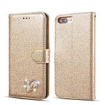 QLTYPRI Wallet Case for iPhone 7/8/SE 2020/SE 2022 5G, Glitter PU Leather Case Card Holder Kickstand Wrist Strap Inlaid Heart Diamond Flip Folio Cover for iPhone 7/8/SE 2020/SE 2022 - Gold