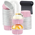 5oz Cupcake Pans with Dome Lids 100 Pack,LNYZQUS Aluminum Foil Small Cake Baking Tin,Disposable Ramekins Cupcake Baking Cups Containers,Mini Pie Pans Muffin Tins Jumbo Cupcake Liners-Pink