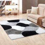 Soft Large Shaggy Rugs Modern 3D Design Carved Fluffy Rugs for Living Room Bedroom Small Floor Mats (Black White, 60 x 110 cm)