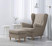 NATURE WOOD DECOR High Back Fully Cushioned Lounge Chair with Designer Back and Arm Rest Fabric Living Room Chair with Stool (Beige)