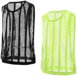 HASWECHYS Men's Fishnet Stripe Mesh Tank Top See Through Sleeveless Fitted Muscle Top Shirts for Workout Beach Black Green 2XL