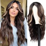 Long Brown Wavy Wig 24 Inch Highlight Wigs for Women Middle Part Curly Synthetic Hair Natural Looking Heat Resistant Fiber for Daily Party Use (Brown Mixed Blonde)