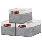Fabric Storage Boxes Set of 3, Small Canvas Storage Baskets with Handles, Foldable Linen Gift Basket for Shelves, Wardrobe, Toys, Clothes, Office, Nursery (12.2 x 8.3 x 6.3 in, Grey White)