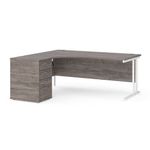 Office Monster Cooper left hand ergonomic desk 1800mm with white cantilever frame and desk high pedestal - grey oak