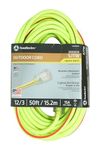 Extension Cord, Extra Rugged, 50 Foot, 12/3, Lighted Ends, High Visibity Green with Red Stripe