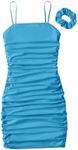 SOLY HUX Girl's Ruched Sleeveless Bodycon Pencil Cami Midi Dress with Hair Scrunchies Plain Mint Blue 13 Years