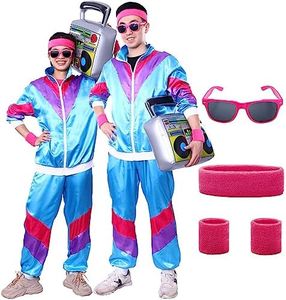 Ficlwigkis Costume da uomo anni '80 e '90, 6 pezzi blu vestito costume costume con fascia da polso, occhiali per feste di carnevale (blu, S)