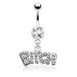 Gekko Body Jewellery Surgical Steel Belly Button Bar with 'Bitch' Style Clear CZ Gem Dangle