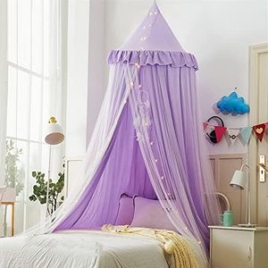 VETHIN Bed Canopy for Kids with Lights,Double Layer Princess Round Dome Children Dreamy Mosquito Net Bedding Girls Room Castle Play Tent Hanging House Decor Reading Nook Canopies(Purple/White) CM-718