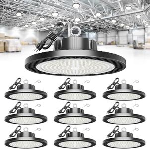 ELEKICO Super Bright 21000lm 5000k 150w 10 Pack UFO Led High Bay Shop Lights with 5'Cable 3-Pin Plug Hook Safe Rope for Garage Factory Warehouse Workshop Barn