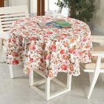 LINENWALAS Cotton Linen Printed Table Cover, 4 Seater Center Tablecloths Runner, Round Shape Drapes for Dining Room, Wrinkle Free Lightweight Washable (Diameter 60 inch, Red Rose Tulip)