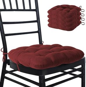 ELFJOY 4 Pack Chair Cushions Kitchen Chair Cushions Chair Pads Tufted Seat Cushions with Fixed Band for Kitchen Dining Room Office Burgundy 17×17 Inch