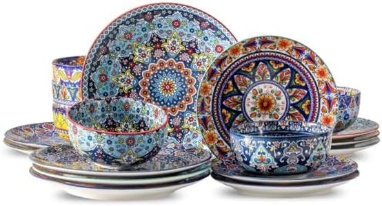 Hasense 18 Pieces Stoneware Dinnerware Sets Service for 6, Bohemian Style Plates and Bowls Set, Ceramic Vintage Tableware Dishes Set, Scratch Resistant Microwave and Dishwasher Safe, Assorted Color