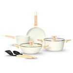 Kreme Ceracook Granite Ceramic Cookware Set of 4pcs| Forged Aluminium Body| Ceramic Nonstick| Gas & Induction Compatible| ISI Certified | Taffeta Ivory
