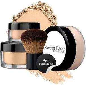4pc FULL SIZE KIT w/KABUKI Mineral Makeup Matte Loose Powder Bare Face Cosmetics Full Coverage Long Lasting All Skin Types SPF 18 (WARM Neutral Shade-Most Popular)