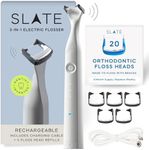 SLATE Electric Flosser | 3-in-1 Electric Flosser for Braces Dentist Invented | Eco Reusable Non-Toxic Floss, Tongue Scraper & Gum Stimulator | Ultrasonic Power Flossing for Adults & Kids