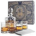 Regal Trunk & Co. Whiskey Decanter Sets | 4 Square Engraved Tumblers Whisky Decanter & Glass Set | Crystal Decanter Set Bourbon and Scotch | Comes in Gift Box and with Glass Polishing Cloth