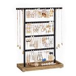 SONGMICS Jewellery Stand, 4-Tier Earring Holder Stand with Tray, Jewellery Orgniser, Wood Base, for Studs Necklaces, Vintage, Wood Color and Black JJS019B01