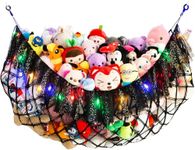 Stuffed Animal Net or Hammock with LED Light, KoHuiJoo Stuffed Toy Hammock Net Hanging Stuffed Animal Storage Organizer Holder Room Décor with Tassels for Nursery Play Room Kids Bedroom (Black)