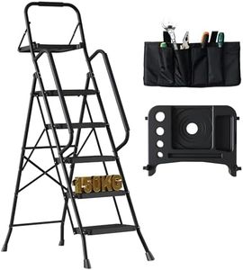 BONTEC Escabeau 5 Marches Pliable en Acier, Charge 150 kg, Marche Pied Antidérapant, Plateforme de Travail avec Plateau Outils, Escabeau avec Main Courante pour Cuisine Atelier Entrepôt, Noir