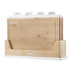 Cooks Professional Index Chopping Board Set | Set of 4 Bamboo Chopping Boards with Stand | Wooden Cutting Boards with Tabs for Fruit & Vegetables, Cooked Food, Raw Meat & Fish | White