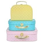 Jewelkeeper Paperboard Suitcases, Set of 3 Vintage Decorative Storage Box, Luggage Decor Storage, Vintage Decor for Birthday, Weddings, Christmas Decoration, Pink, Blue, Yellow with Gold Polka Dots