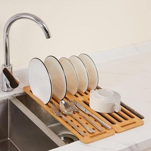 CARLA HOME Foldable Bamboo Dish Drying Rack, Over The Sink Dish Drainer Drying Rack, Dish Rack for Kitchen Counter, Multipurpose Dish Drying Rack Over The Sink Kitchen Accessories, Hold up to 55lbs