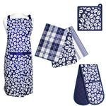 Prime Homewares Navy Blue Bean Design Pot Holder, Oven Glove, Tea Towels, Apron Navy Blue Bean Design (Full 6pc Set)