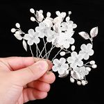 Lusofie 5Pcs Flower Bridal Hair Pins White Pearl Hair Pins Silver Flower Wedding Hair Pieces Hair Flowers Wedding Hair Accessories for Women Girls(3.54In)