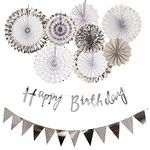 Rozi Decoration Paper Fan Silver Hanging Decorations Set with Happy Birthday Banners and Pennant Banners , 10 Pieces Set