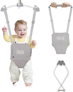 FUNLIO 2 in 1 Baby Door Jumper with Door Clamp, Baby Walking Harness for 6-24 Months, Infant Jumper Doorway with Strong Spring & Adjustable Strap, Easy to Assemble & Store - Grey